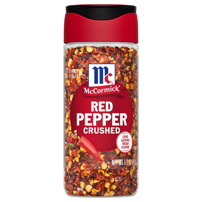 A bottle of McCormick Red Pepper Crushed.