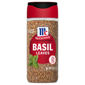 A bottle of McCormick Basil Leaves.