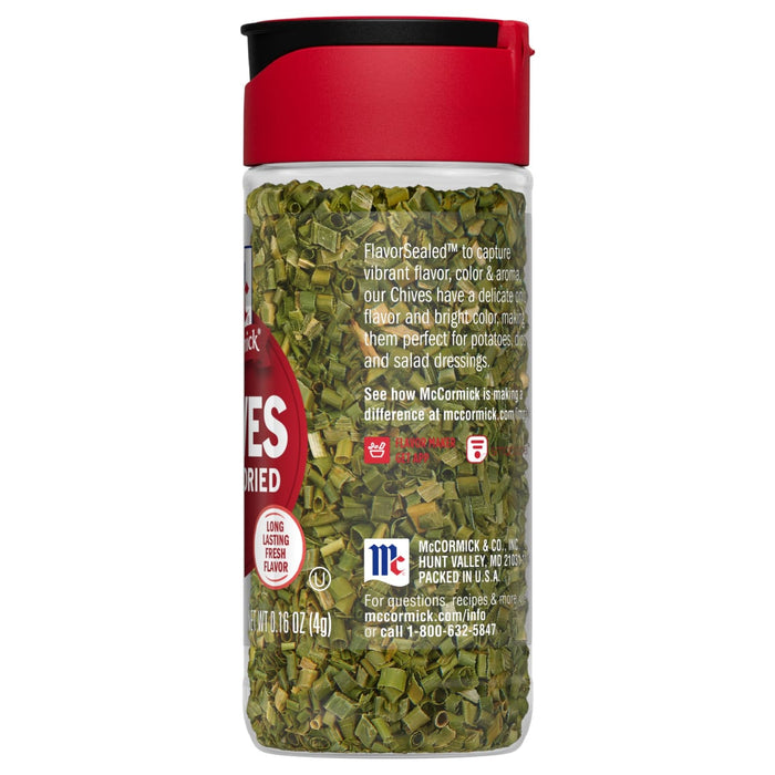 A McCormick jar of dried chives, a popular ingredient for adding flavor and color to dishes.