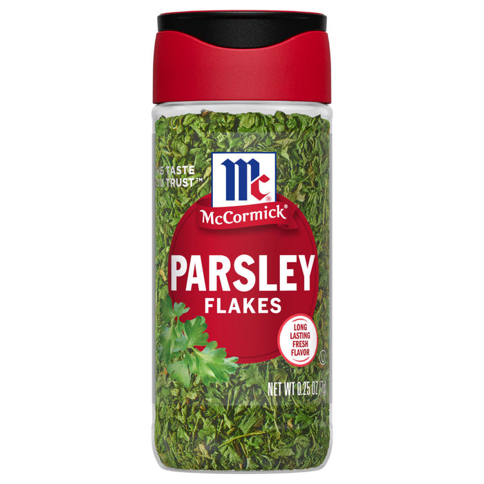 A bottle of McCormick Parsley Flakes.