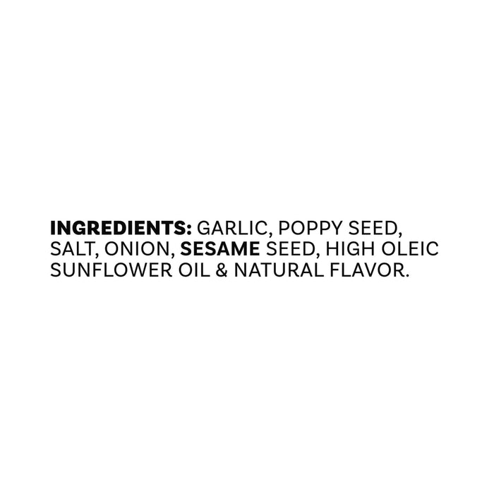A list of ingredients for Mccormick Everything Bagel Seasoning Assorted Form 4.8 Oz including garlic, poppy seed, salt, onion, sesame seed, high oleic sunflower oil, and natural flavor.