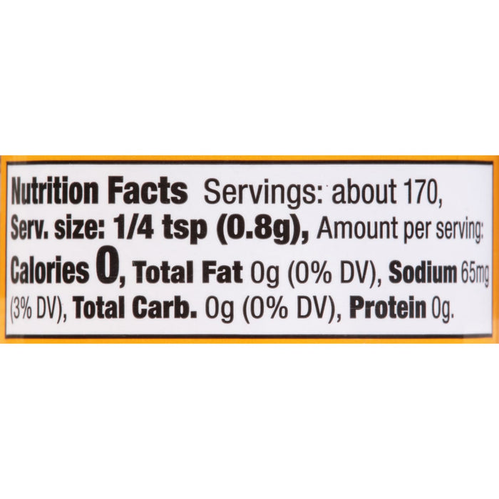 Nutrition facts for a 1/4 teaspoon serving of the product.