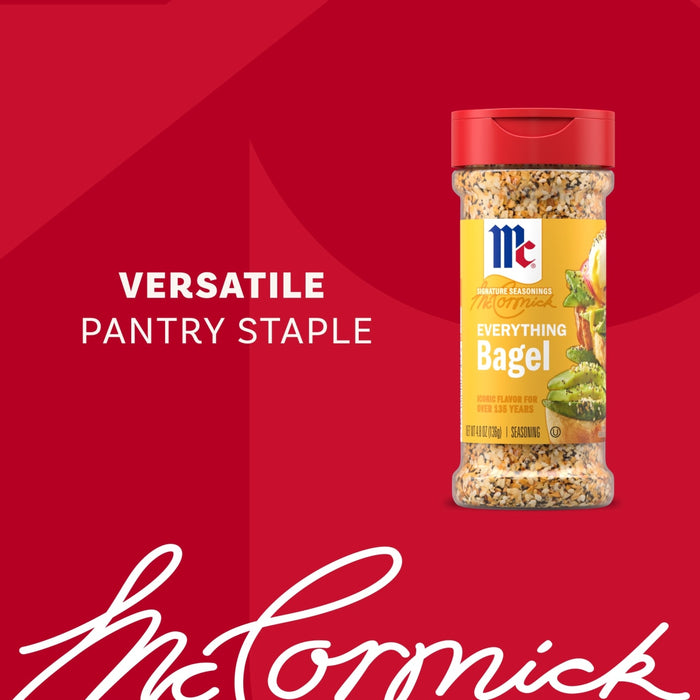 A bottle of Mccormick Everything Bagel Seasoning Assorted Form 4.8 Oz is displayed against a red background with the text Versatile Pantry Staple.