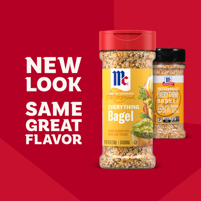 A promotional graphic featuring the new packaging for Mccormick Everything Bagel Seasoning Assorted Form 4.8 Oz alongside the previous bottle design to highlight the updated look with the same great flavor.