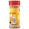 A side view of a clear bottle of Mccormick Everything Bagel Seasoning Assorted Form 4.8 Oz, showing the blend of sesame seeds, poppy seeds, garlic, and onion, along with the nutritional information and Non-GMO Project Verified seal.