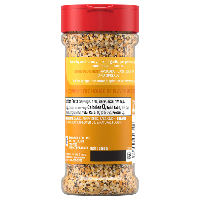 The back of a bottle of Mccormick Everything Bagel Seasoning Assorted Form 4.8 Oz, showing the nutritional facts, ingredients, and company information.