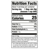Nutrition facts label for a product with 25 calories per serving.