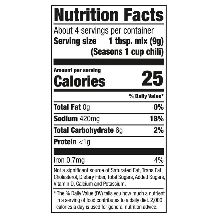 Nutrition facts label for a product with 25 calories per serving.