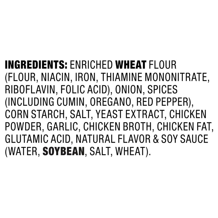 A list of ingredients for a product, including enriched wheat flour, spices, and soy sauce.