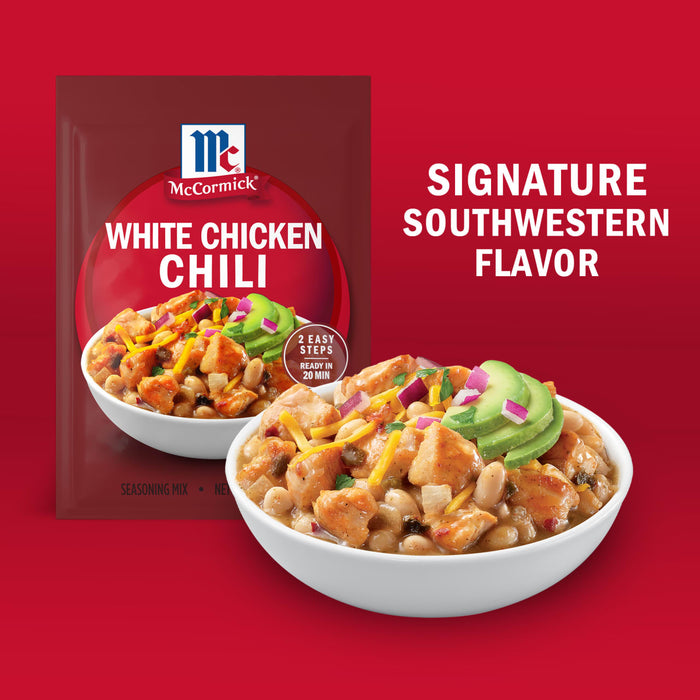 McCormick White Chicken Chili seasoning mix is featured with a bowl of white chicken chili, highlighting its signature southwestern flavor.
