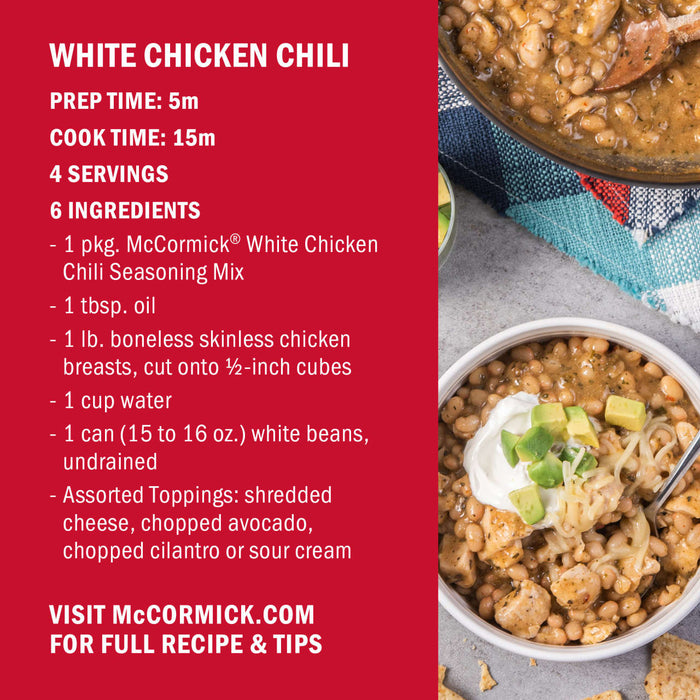 This image features a recipe for White Chicken Chili using McCormick's White Chicken Chili Seasoning Mix, along with a list of ingredients and serving suggestions.