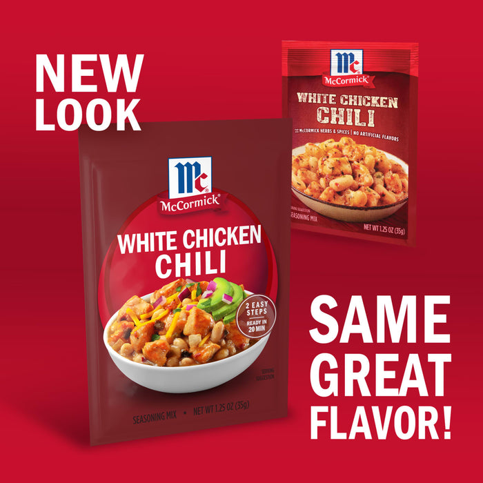 The image shows McCormick White Chicken Chili seasoning mix with a new look but the same flavor.