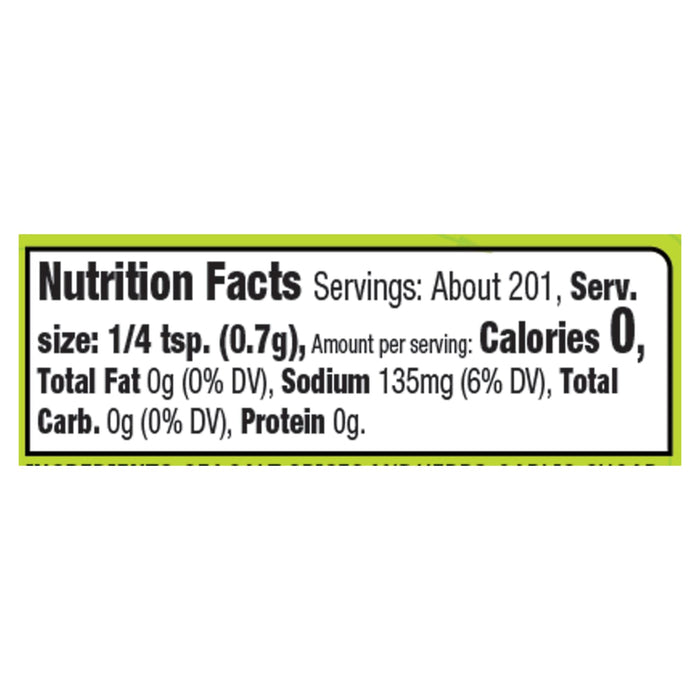 Nutrition facts label for a product with 0 calories per serving.