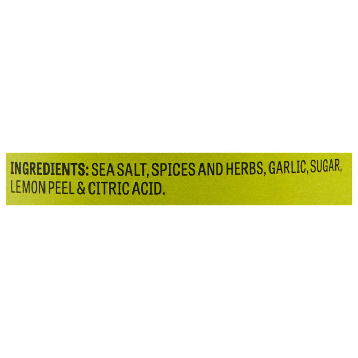 A list of ingredients for a product, including sea salt, spices, herbs, garlic, sugar, lemon peel, and citric acid.