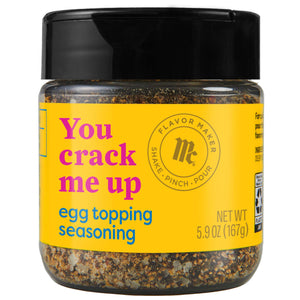 A jar of McCormick Flavor Maker You Crack Me Up Egg Topping Seasoning.