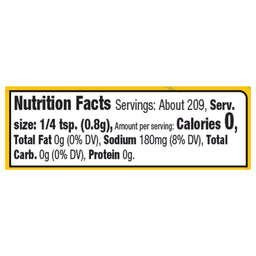 Nutrition facts label for a product with 0 calories per serving.
