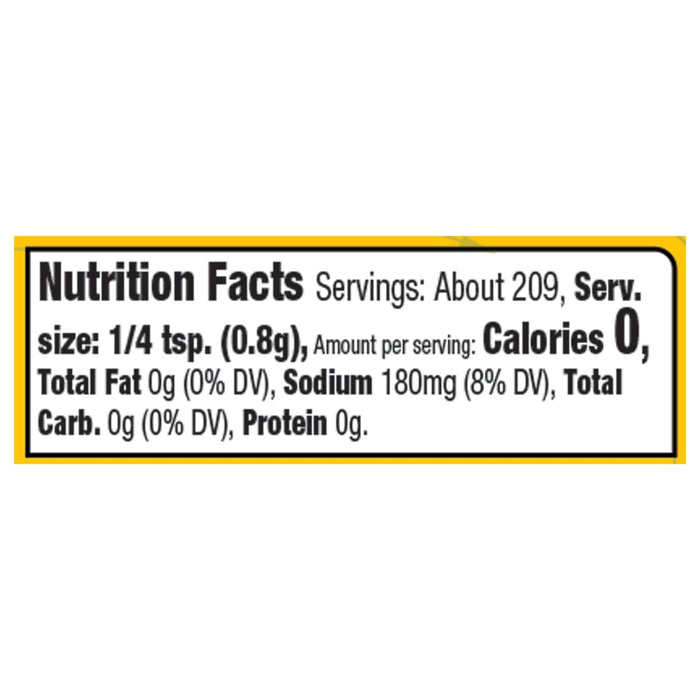 Nutrition facts label for a product with 0 calories per serving.