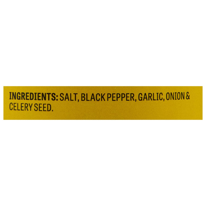 A yellow label with black text that reads: Ingredients: Salt, Black Pepper, Garlic, Onion &amp; Celery Seed.