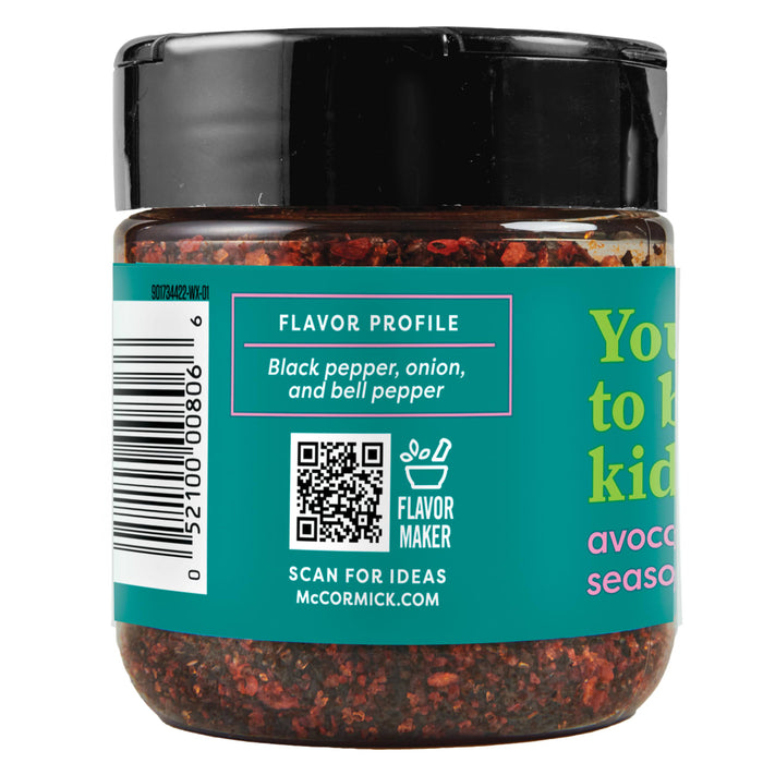 A jar of McCormick Avocado Seasoning with a black pepper, onion, and bell pepper flavor profile.