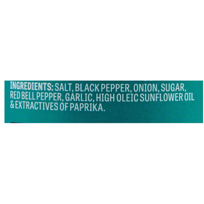 A list of ingredients for a seasoning blend, including salt, black pepper, onion, sugar, red bell pepper, garlic, high oleic sunflower oil, and extractives of paprika.