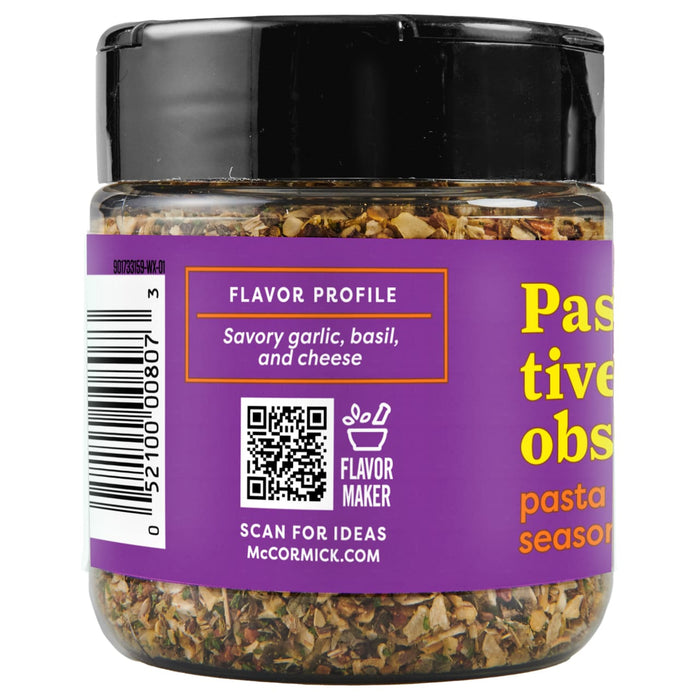 A jar of McCormick's  Pasta Seasoning with a flavor profile of savory garlic, basil, and cheese.