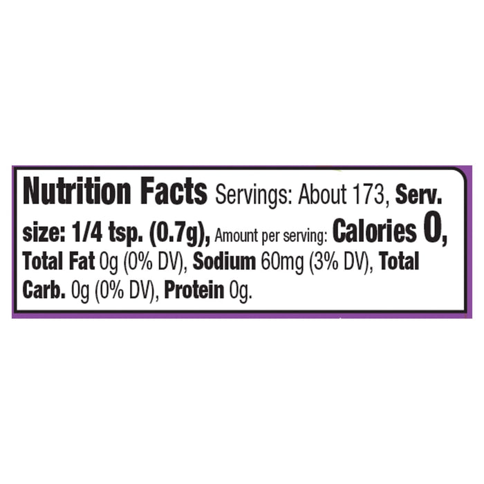 Nutrition facts for a serving of the product, which is 1/4 teaspoon, containing 0 calories, 0 grams of fat, 60 milligrams of sodium, and 0 grams of carbohydrates.