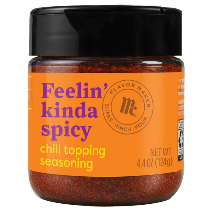 A jar of McCormick Feelin' Kinda Spicy chili topping seasoning.