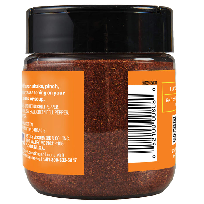A jar of McCormick Chili Seasoning with a barcode and a QR code.