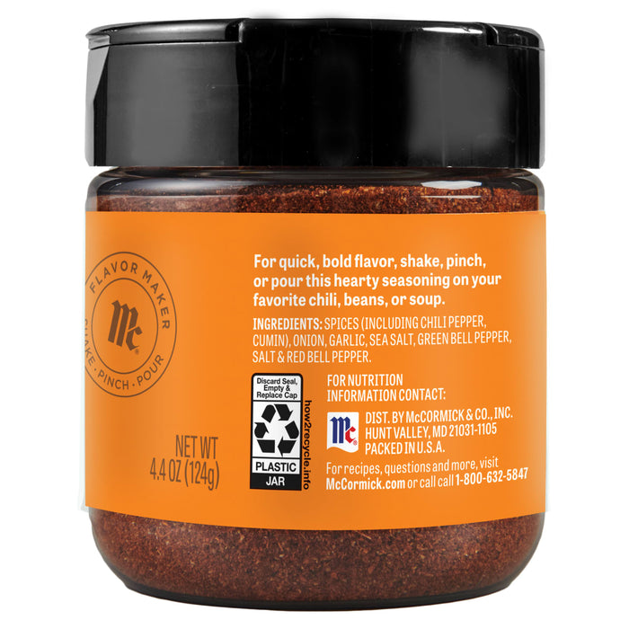 A jar of McCormick Flavor Maker Chili Seasoning.