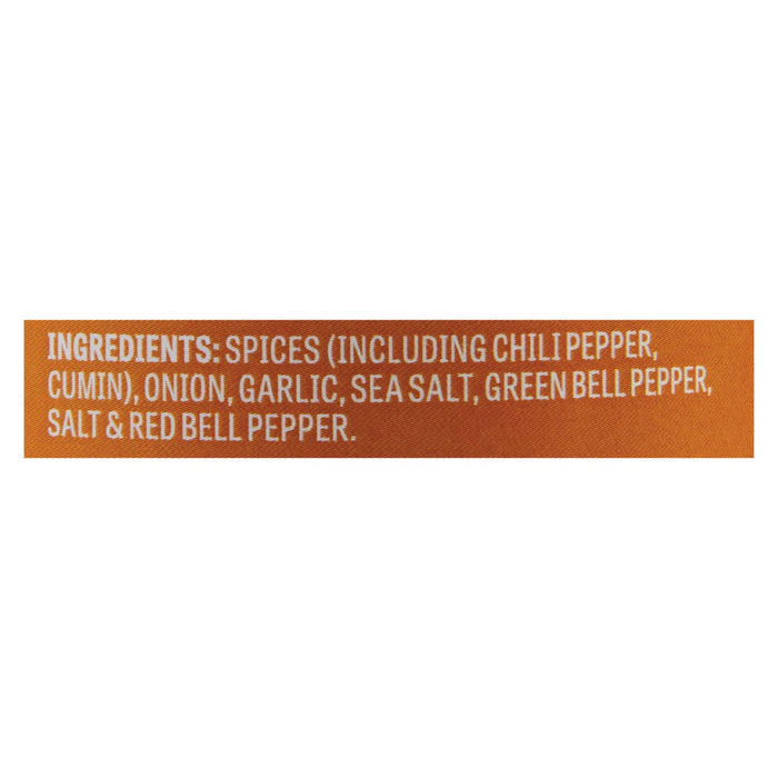 A list of ingredients for a spice blend, including chili pepper, cumin, onion, garlic, sea salt, green bell pepper, salt, and red bell pepper.