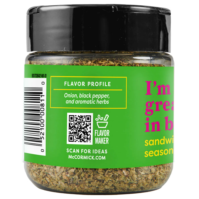 A jar of McCormick's I'm  Great in Bread Sandwich Seasoning.