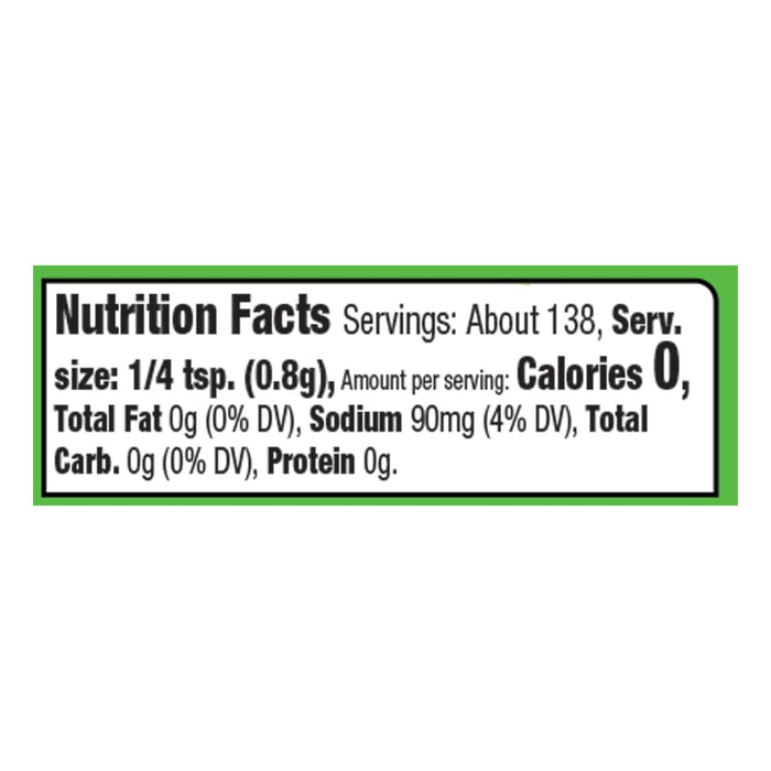 Nutrition facts for a serving of the product, which is 1/4 teaspoon, contains 0 calories, 0 grams of fat, 90 milligrams of sodium, and 0 grams of carbohydrates.