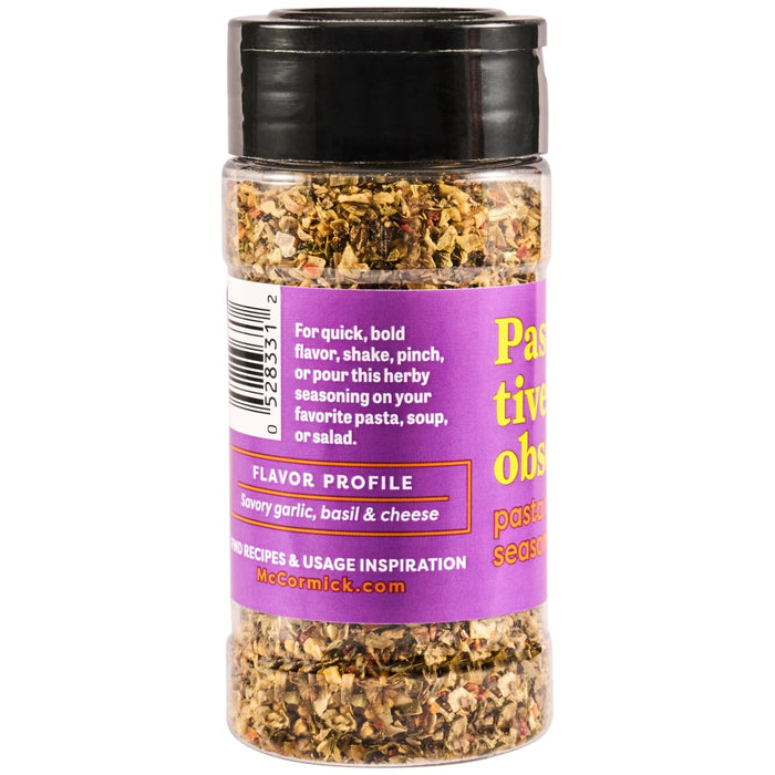 A jar of McCormick Pasta Obsessed Pasta Seasoning is shown, featuring a blend of savory garlic, basil, and cheese.