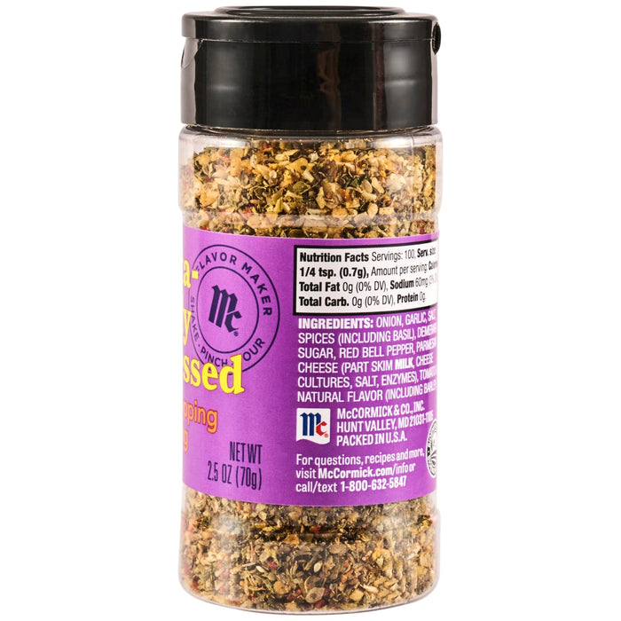 A jar of McCormick's Tossed Salad Topping is displayed, showcasing its ingredients and nutritional information.