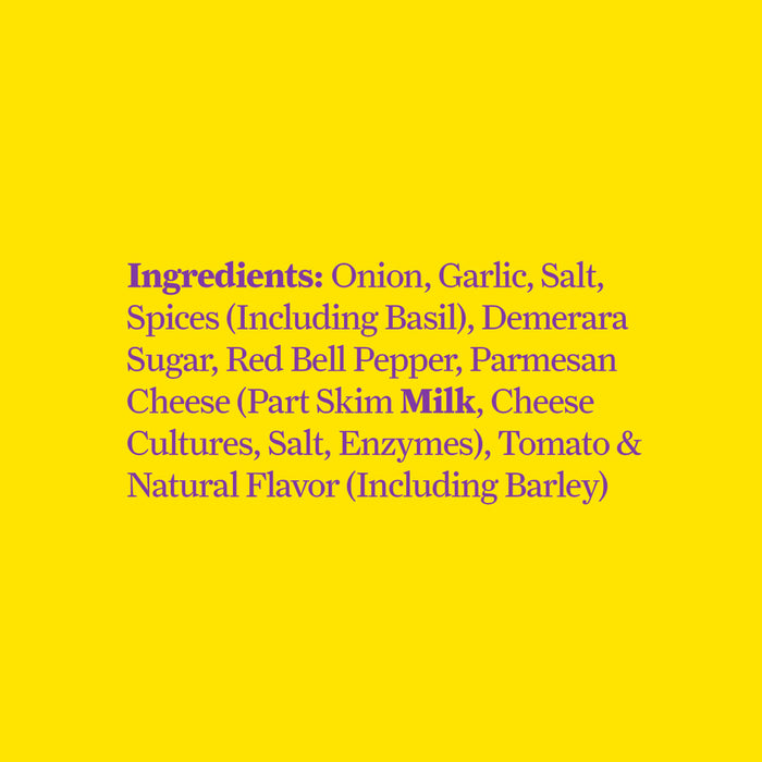 The image displays a list of ingredients including onion garlic salt spices demerara sugar red bell pepper parmesan cheese tomato and natural flavor.
