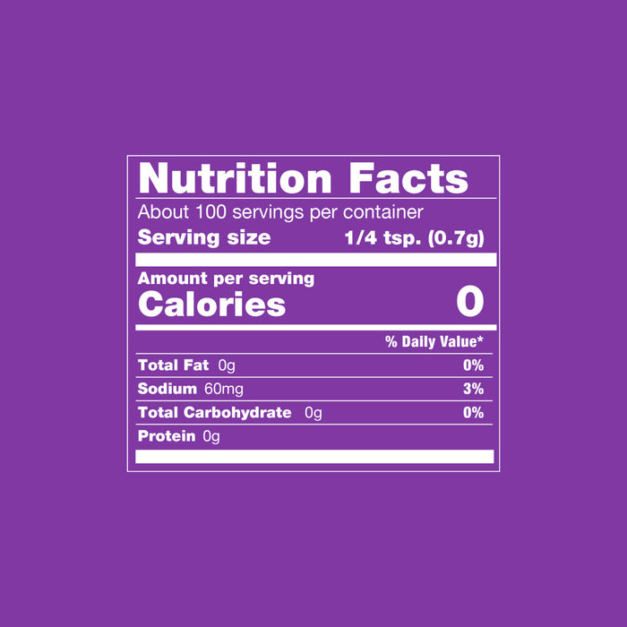 This image shows a nutrition facts label with a serving size of 1/4 tsp (0.7g) and 0 calories.