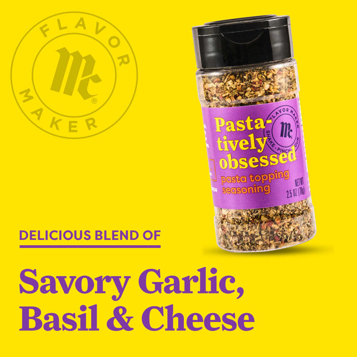 A jar of Flavor Maker Pasta-tively Obsessed pasta topping seasoning with savory garlic basil and cheese.