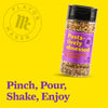 A jar of Flavor Maker Pasta-tively Obsessed pasta topping seasoning is displayed on a yellow background with the Flavor Maker logo and the text Flip Cap Pinch Pour Shake Enjoy.