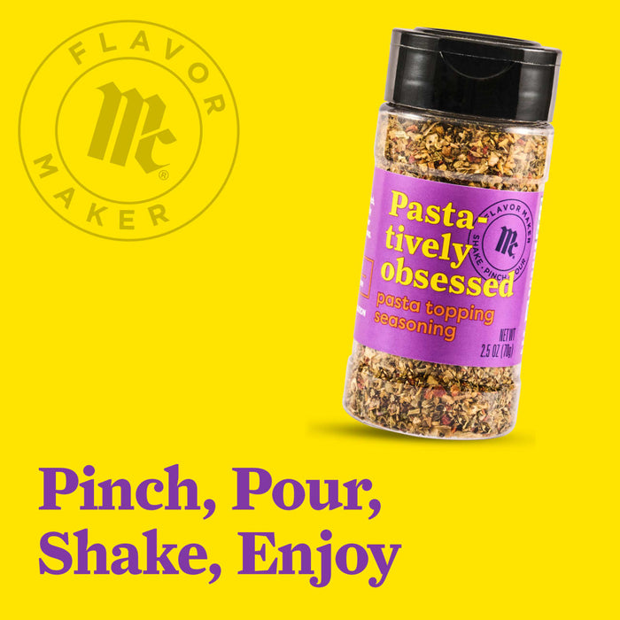 A jar of Flavor Maker Pasta-tively Obsessed pasta topping seasoning is displayed on a yellow background with the Flavor Maker logo and the text Flip Cap Pinch Pour Shake Enjoy.