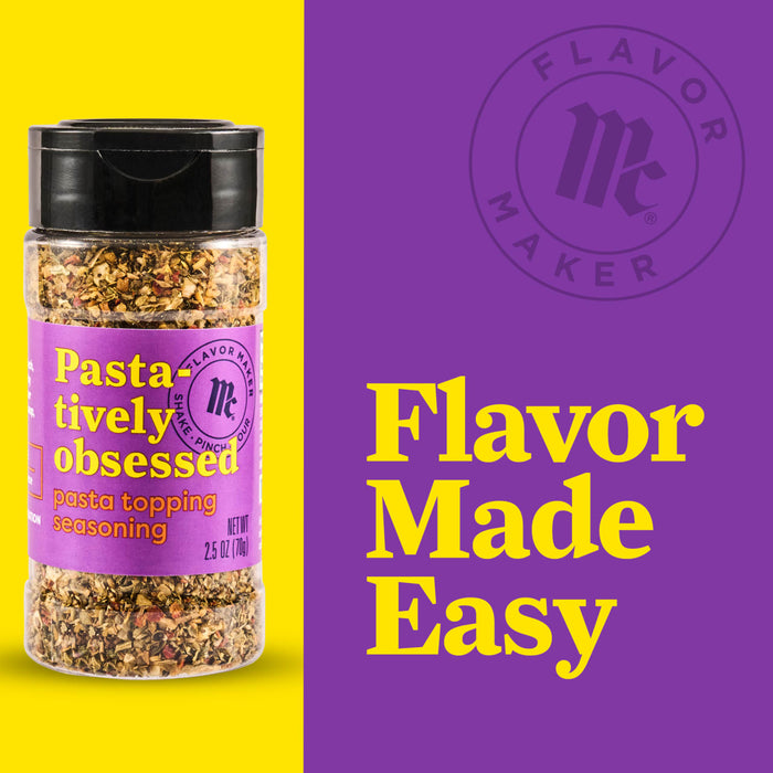 A container of McCormick Flavor Maker Pasta-tively Obsessed pasta topping seasoning is displayed against a split yellow and purple background with the Flavor Maker logo and the words Flavor Made Easy.