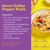 This image features a recipe for Sweet Italian Pepper Pasta including a list of ingredients preparation and cook times serving size and the number of ingredients along with a close-up shot of the finished dish.