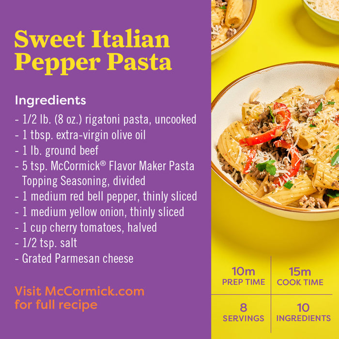 This image features a recipe for Sweet Italian Pepper Pasta including a list of ingredients preparation and cook times serving size and the number of ingredients along with a close-up shot of the finished dish.