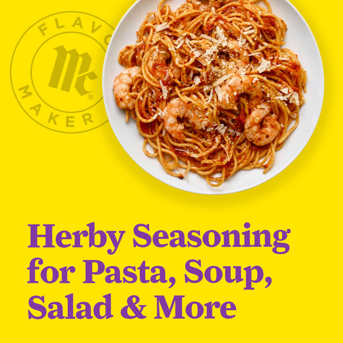 Flavor Makers image showcases a delicious plate of shrimp pasta promoting Herby Seasoning for Pasta Soup &amp; Salad.