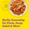 Flavor Makers image showcases a delicious plate of shrimp pasta promoting Herby Seasoning for Pasta Soup &amp; Salad.