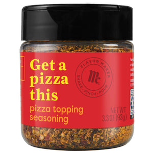 A jar of McCormick Get a Pizza This pizza topping seasoning.