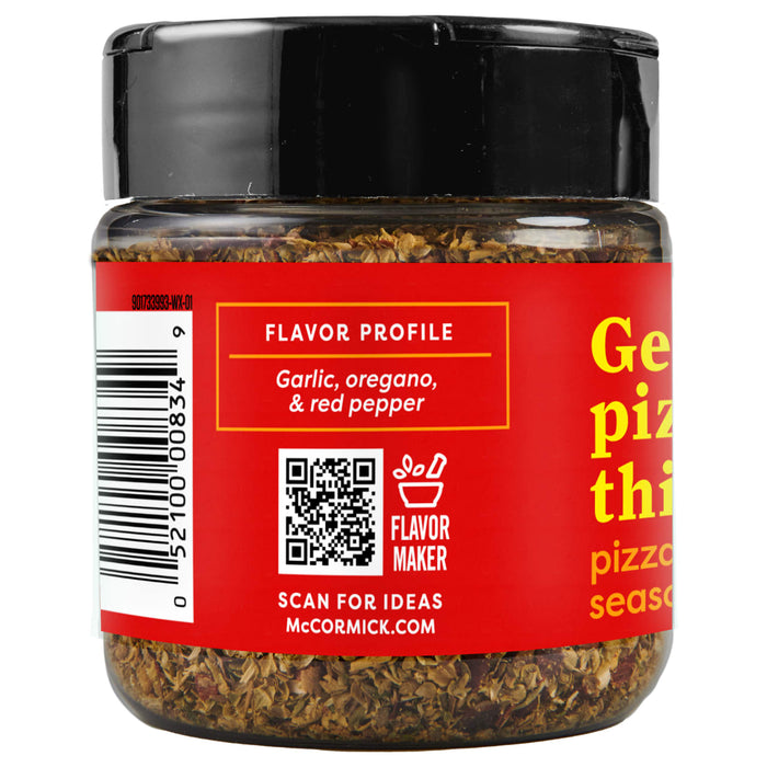 A jar of McCormick Garlic, Oregano, &amp; Red Pepper Pizza Seasoning.