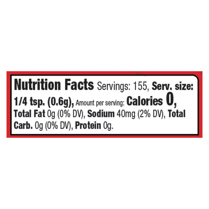 Nutrition facts for a serving of the product, which is 1/4 teaspoon, containing 0 calories, 0 grams of fat, 40 milligrams of sodium, and 0 grams of carbohydrates.