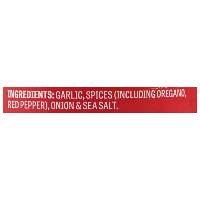A red label with white text listing the ingredients for a seasoning blend.