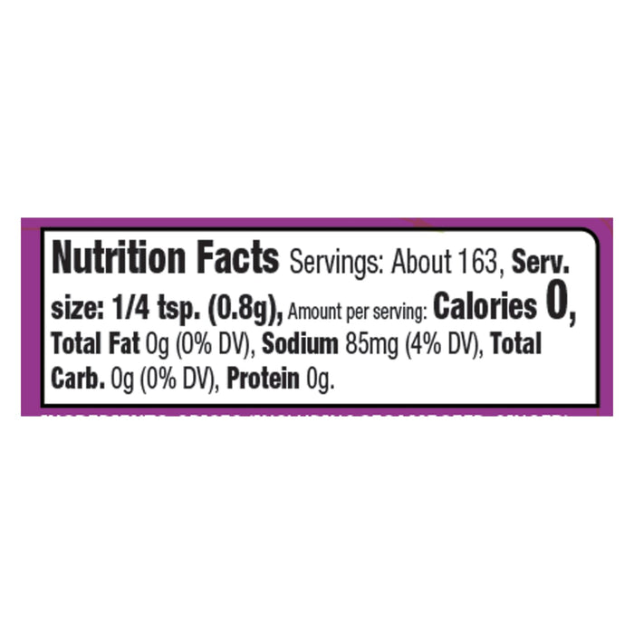 Nutrition facts label for a product with 0 calories per serving.