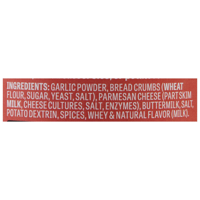 A list of ingredients for a product, including garlic powder, bread crumbs, parmesan cheese, buttermilk, and natural flavor.